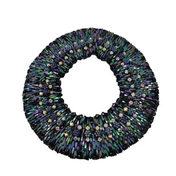 Vintage Handcrafted AB Oil Slick Beaded Statement Bib Collar Necklace Cleopatra - Picture 7 of 11